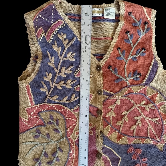 Sigrid Olsen Sport Vest Small Embroidered Knit Ramie Cotton Boho Patchwork Y2K - Picture 6 of 9